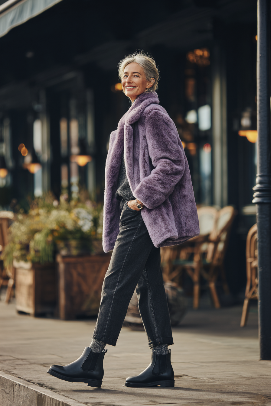 Purple Faux-Fur Coat Outfit 1083900